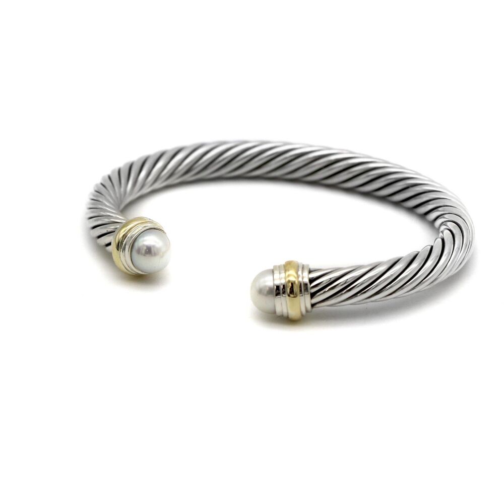 David Yurman 925 Silver and 14K Gold Peral Classic Cable Cuff Bracelet